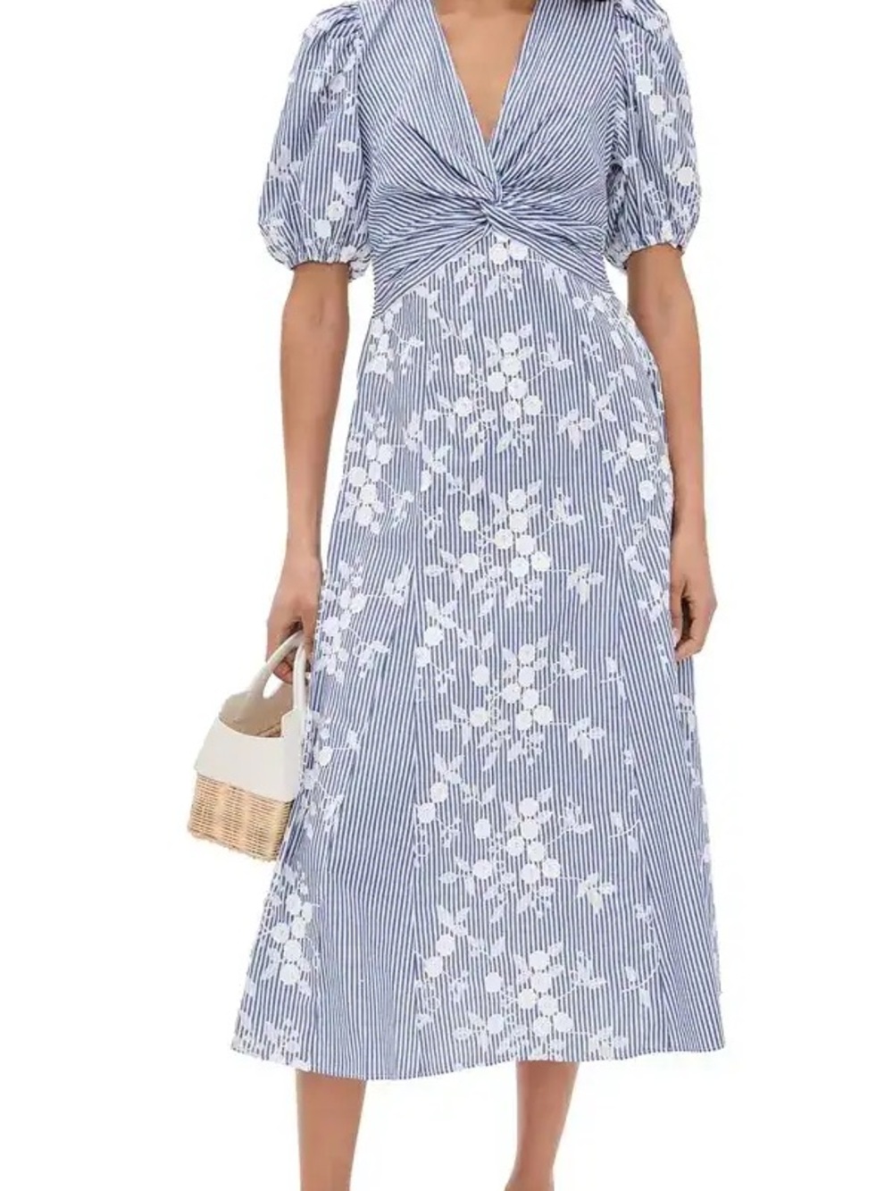 Shoshanna Blue Floral Stripe Midi Dress with Twist Front - size 6